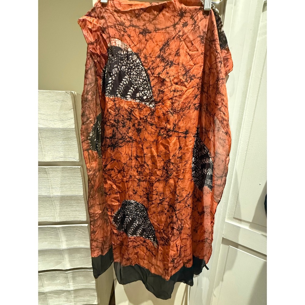 Vintage 100% Silk Batik Scarf Orange Black White Geometric Print Wrap India